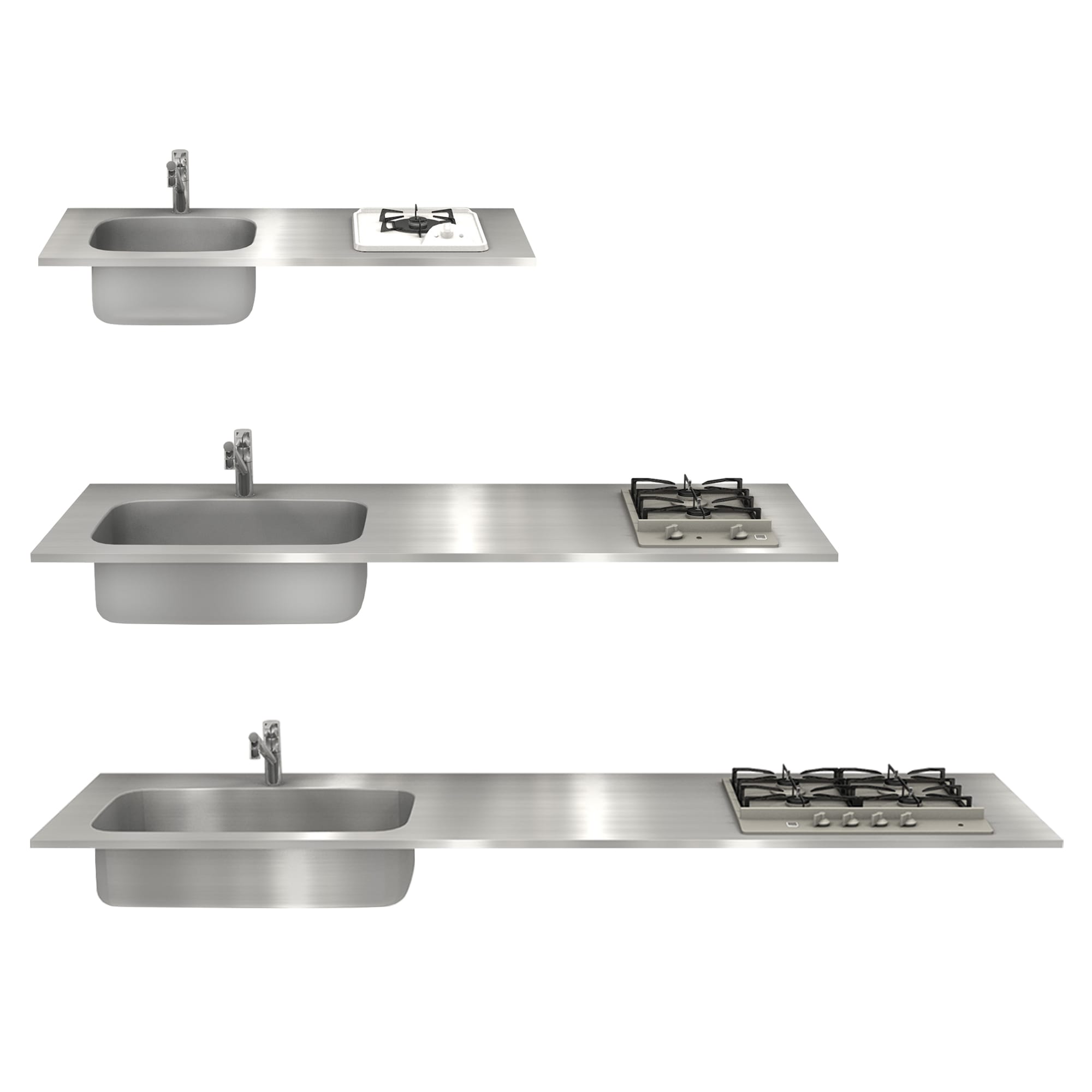 オーダーキッチン天板 コンロ＆角丸シンク KB-KC012-21-G183 3サイズの角丸シンクと、各種のコンロ用開口が選択可能です