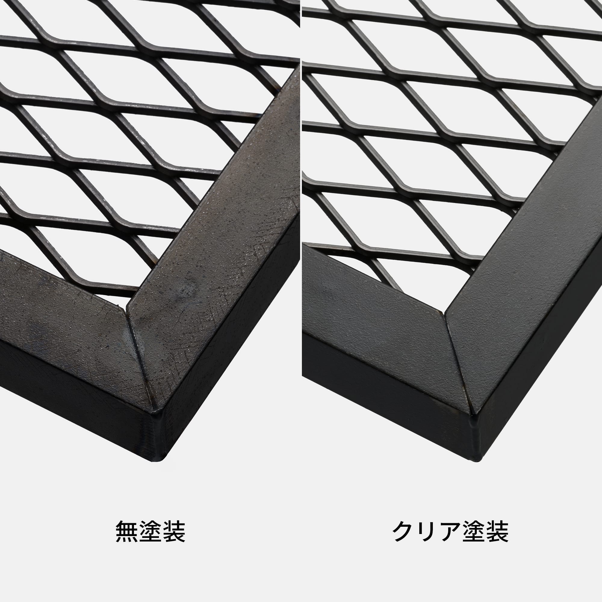 スチールラック 角タイプ W900 SF-RK003-04-G056 オプションのツヤ消しクリア塗装を追加することで錆びにくくなります（写真右）
