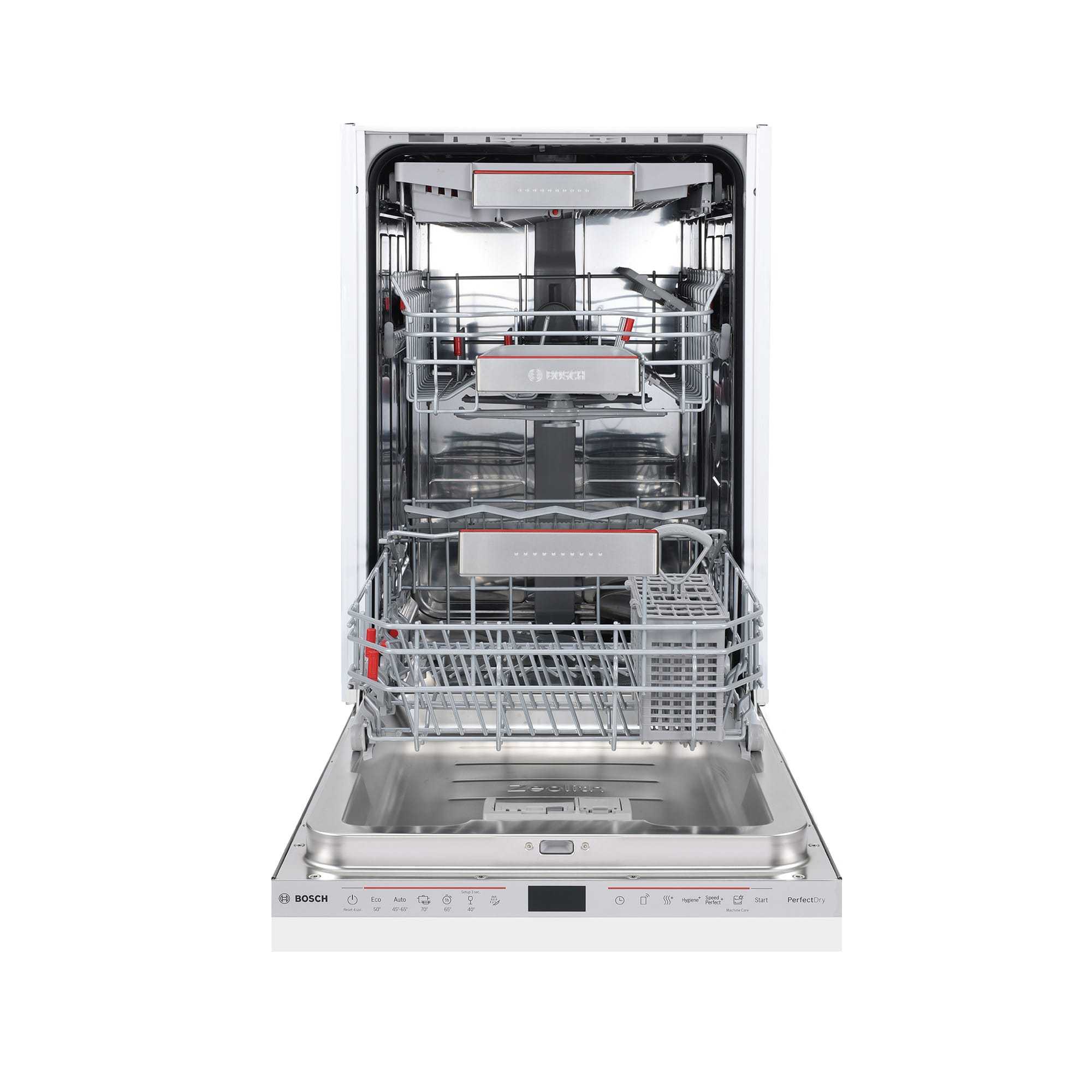 ビルトイン食洗機 フロントオープン W450 フルドアタイプ ゼオライトドライ（本体のみ） KB-PT004-10-G234 カトラリートレイ・上段バスケット・下段バスケットの3段構成です