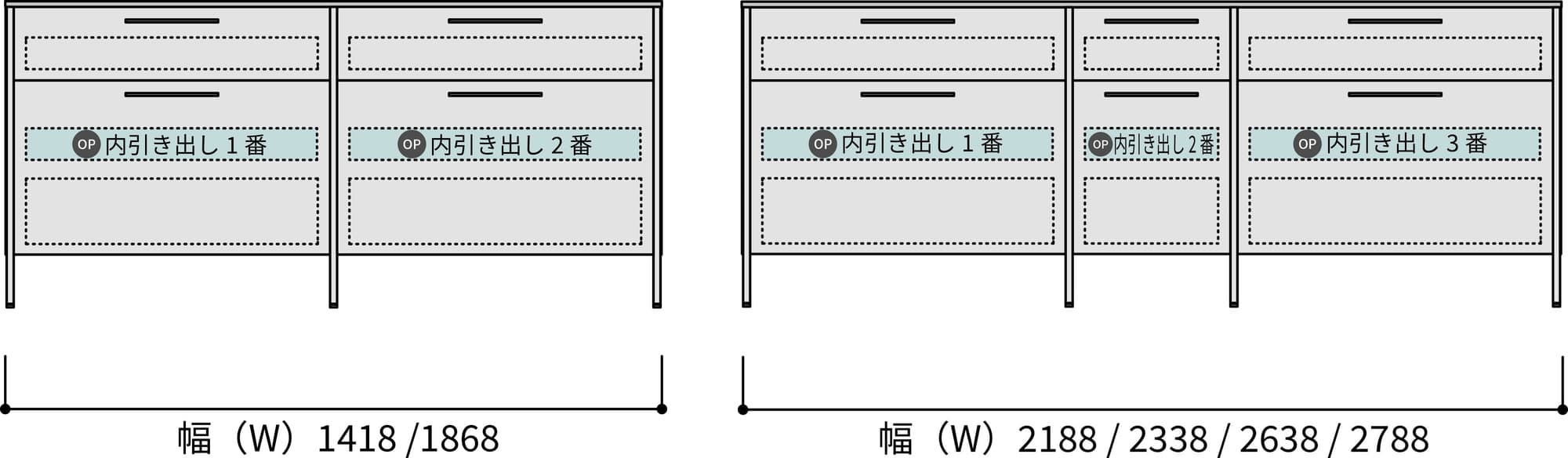 幅(W)が1418mm,1868mmの場合は2杯、2188mm, 2338mm, 2638mm, 2788mmの場合は3杯追加できます
