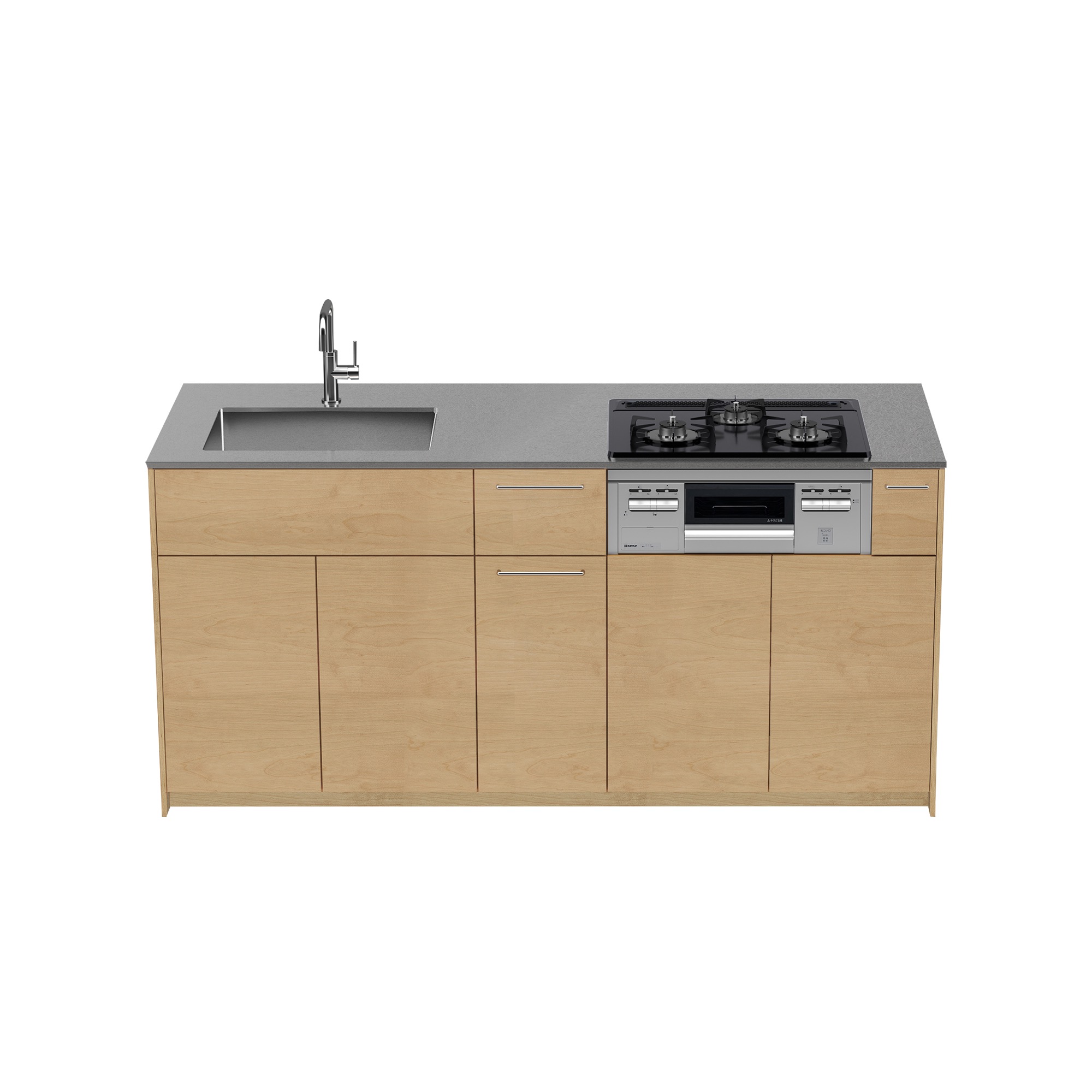 木製システムキッチン バーチ 対面型 W1800～2100 KB-KC022-07-G183 写真はW1800 食洗機なし