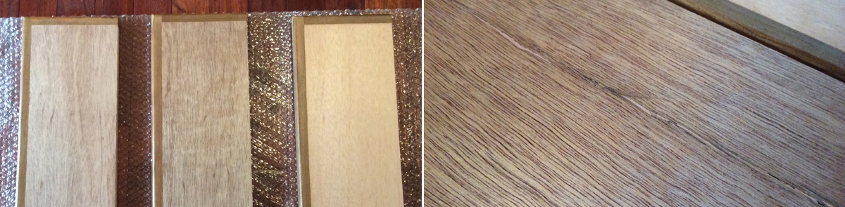 左：色味のばらつき、右：表面の割れ（画像の棚板の縁は「チーク」です）