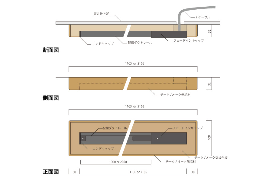 木製ライティングレールカバー オーク×白レール LT-PS003-02-G015 寸法図
