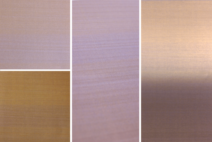 絹布の壁紙 雅(みやび)/カット WL-WP003-01-G007 左の2枚は正面から、中央は斜めから、右は歪ませて撮影したもの（金紫）