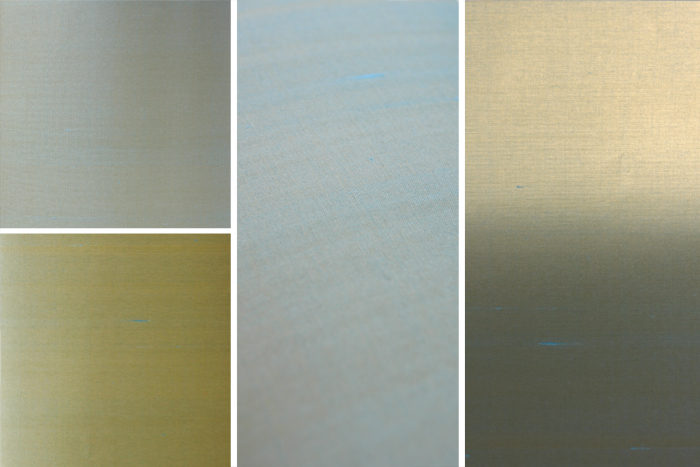 絹布の壁紙 雅(みやび)/カット WL-WP003-01-G007 左の2枚は正面から、中央は斜めから、右は歪ませて撮影したもの（金青）
