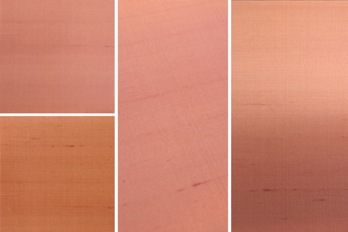 絹布の壁紙 襲(かさね)/ロール WL-WP003-04-G007 左の2枚は正面から、中央は斜めから、右は歪ませて撮影したもの（長春）
