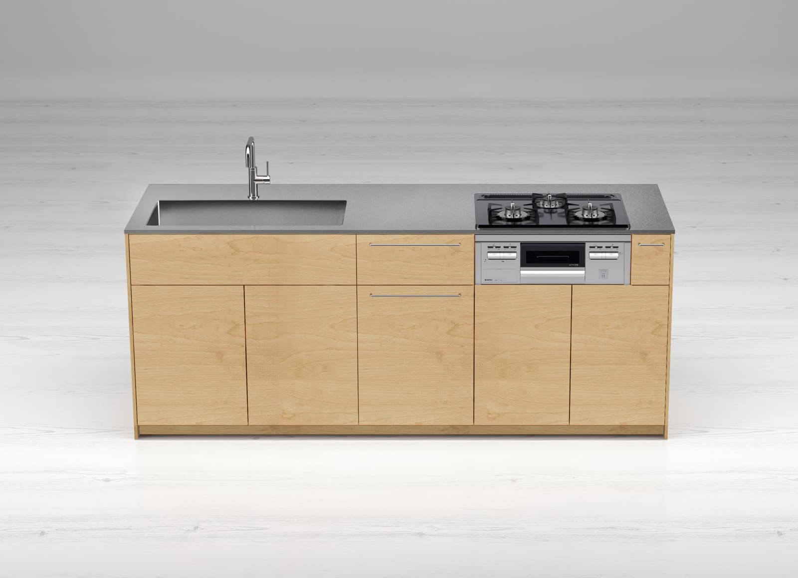 木製システムキッチン バーチ 対面型 W1800～2100 KB-KC022-07-G183 W2100 食洗機なし