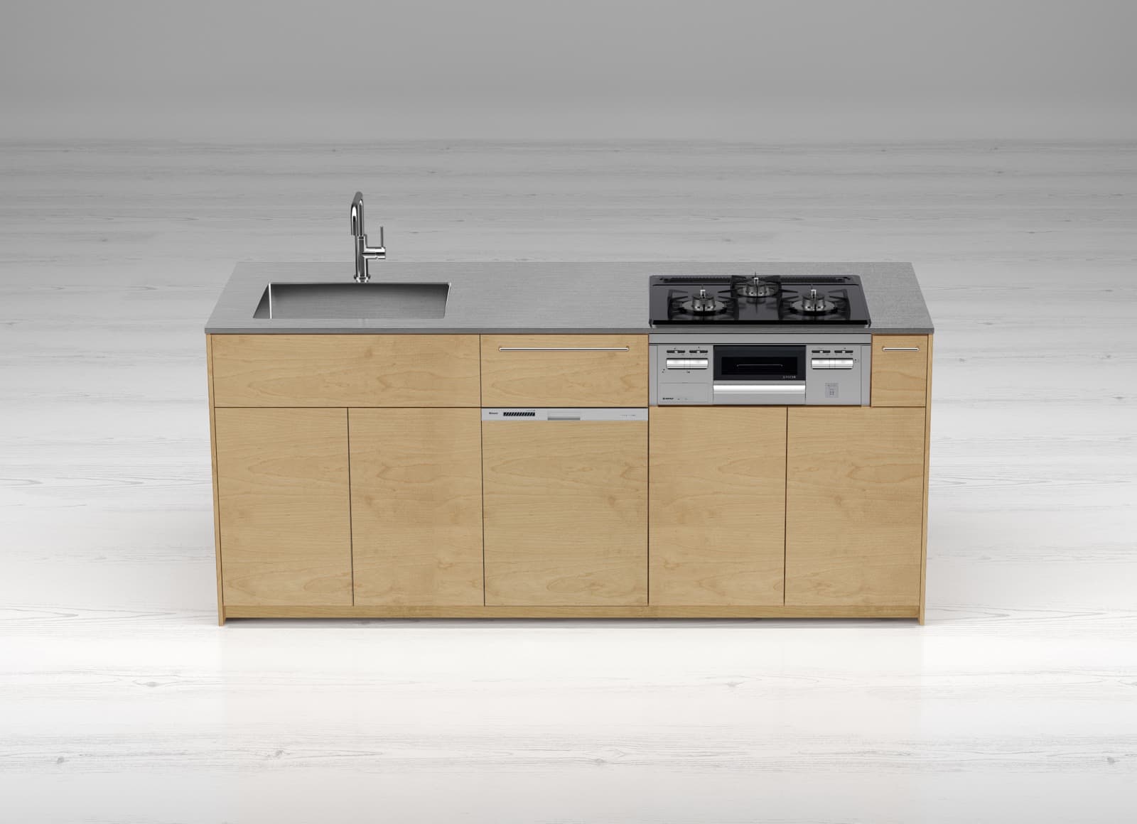 木製システムキッチン バーチ 対面型 W1800～2100 KB-KC022-07-G183 W1950 食洗機あり