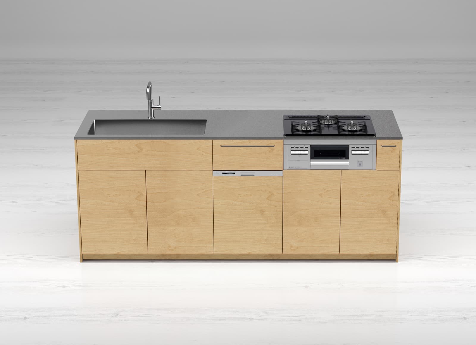 木製システムキッチン バーチ 対面型 W1800～2100 KB-KC022-07-G183 W2100 食洗機あり