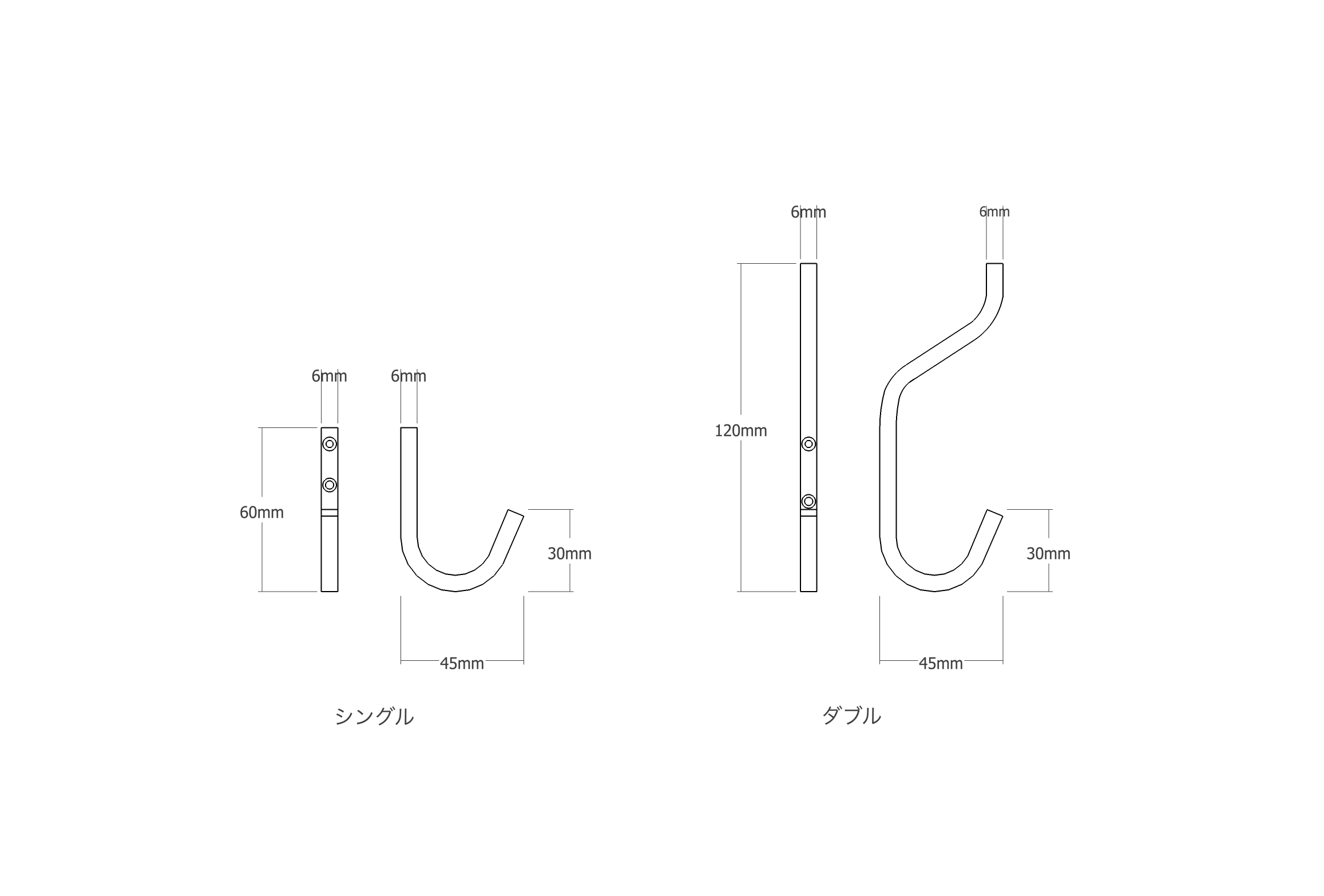 アイアンフック 角棒 J型フック シングル PS-HB009-04A-G141 角棒 J型フックの図面
