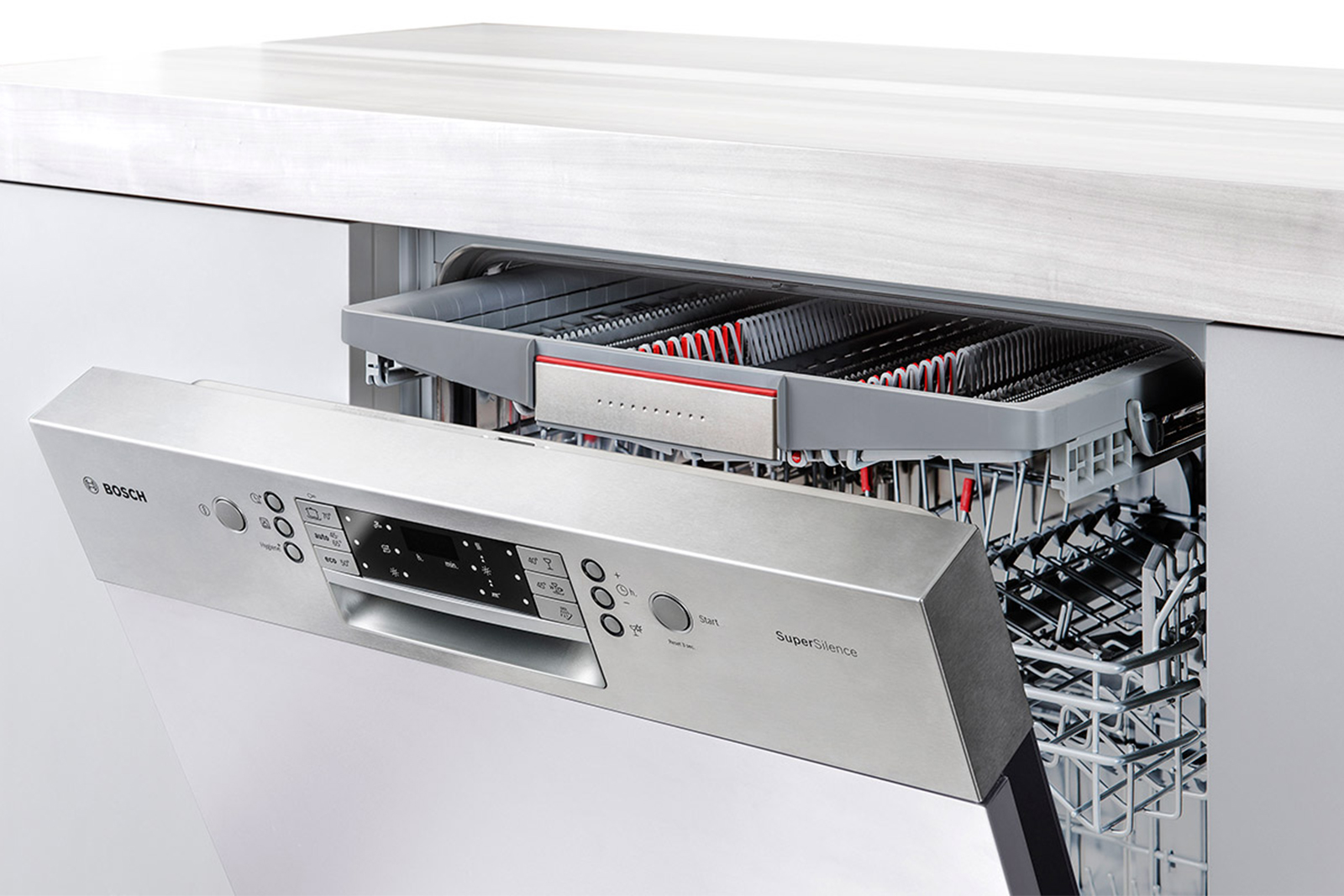 ビルトイン食洗機 フロントオープン W600 前面操作タイプ ゼオライトドライ（本体のみ） KB-PT004-03-G234 カトラリーバスケットを少し引き出した状態（写真は旧仕様）
