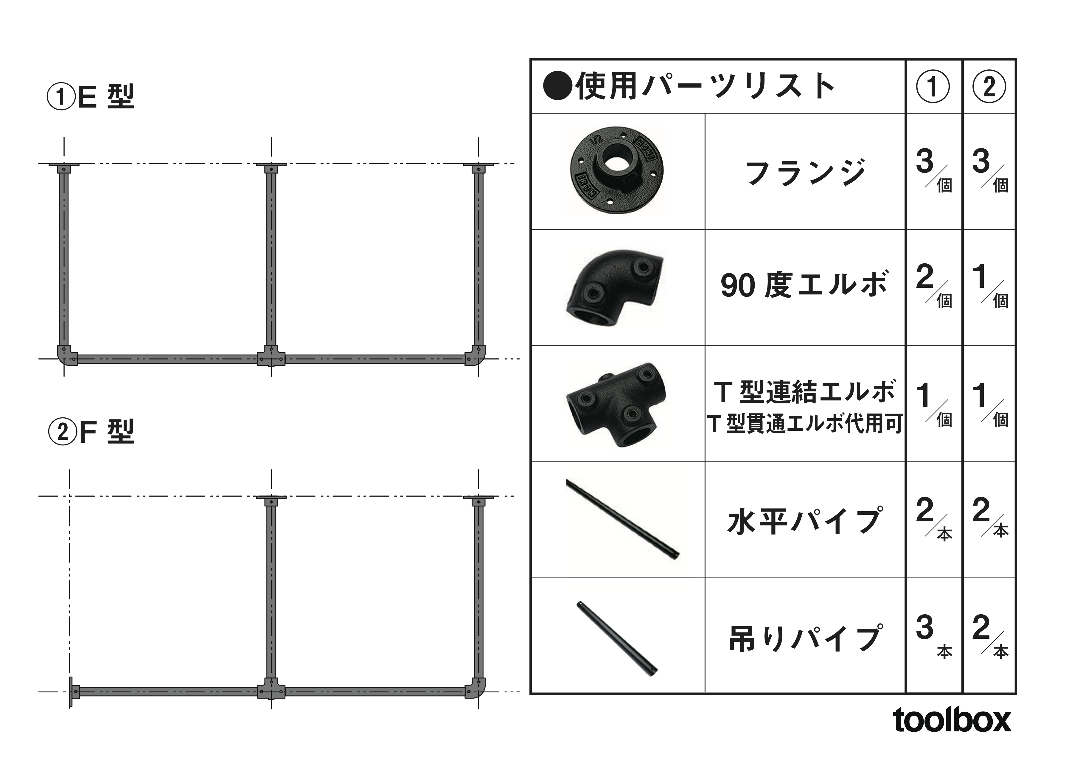 アイアンハンガーパイプ 吊りパイプ H500用 ブラック PS-HB008-31-G141 【E型・F型の組み合わせ例】 寸法詳細は資料ダウンロードをご参照ください