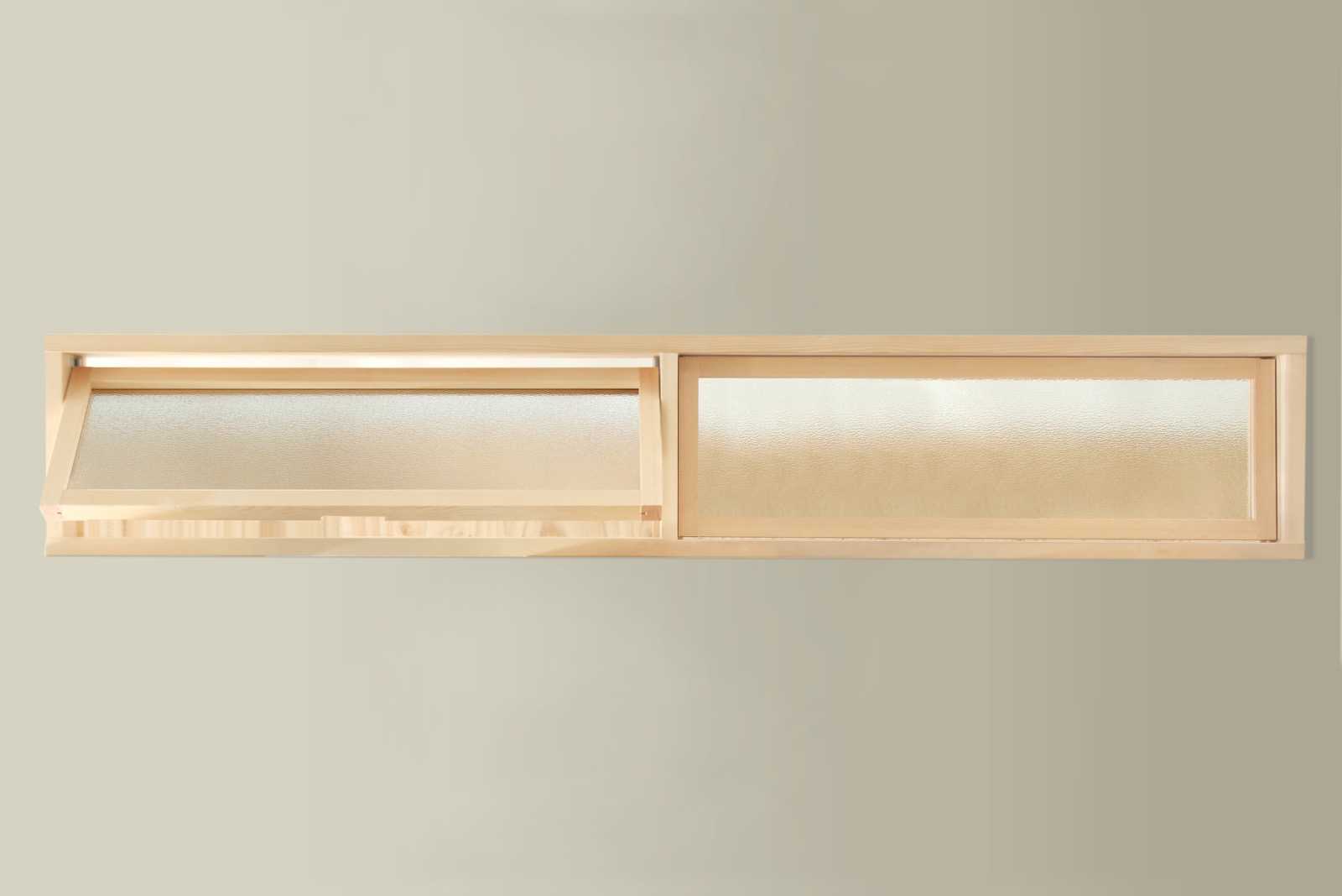 木製室内窓 横長2連 押し出しタイプ DW-DR008-04-G164 型板ガラス（梨地模様）は中の様子が分からない程度の透け具合