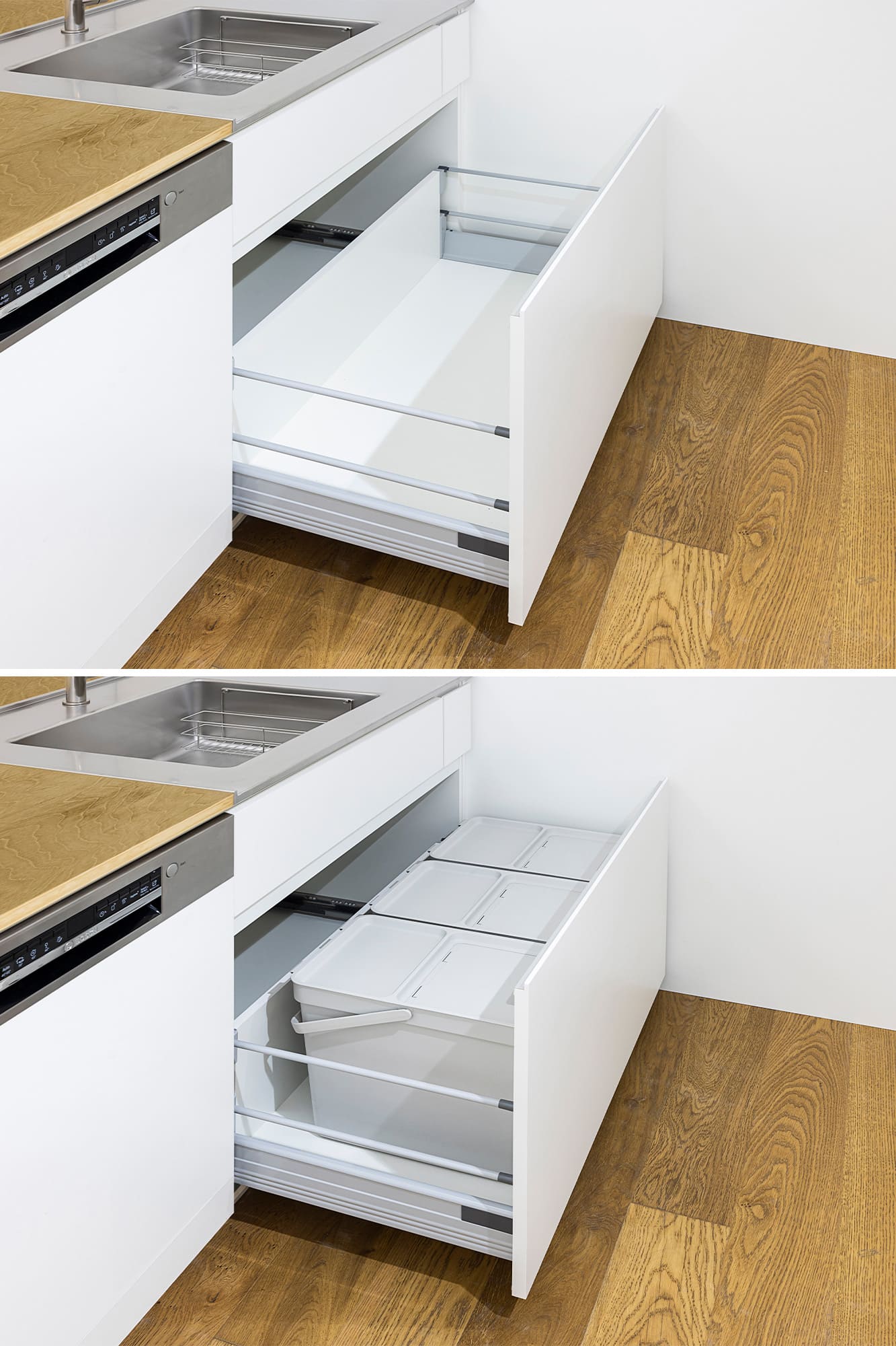 木天板キッチンⅡ型 対面シンク側 フロントオープン食洗機 W450タイプ KB-KC029-03-G183 シンク下収納（ゴミ箱はIKEAのもの）