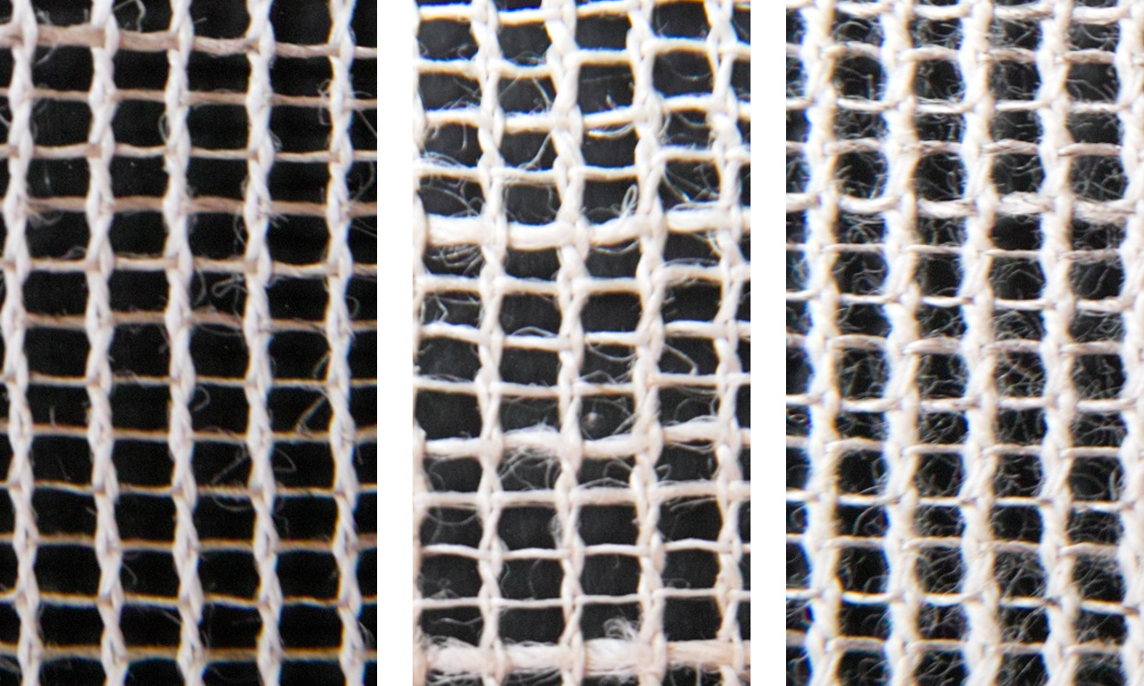 麻の蚊帳 ヘンプの蚊帳 ET-BO003-03-G048 左：純麻（縦:ラミー・横:リネン）　中央：ヘンプ　右：綿麻（縦:綿・横:麻）